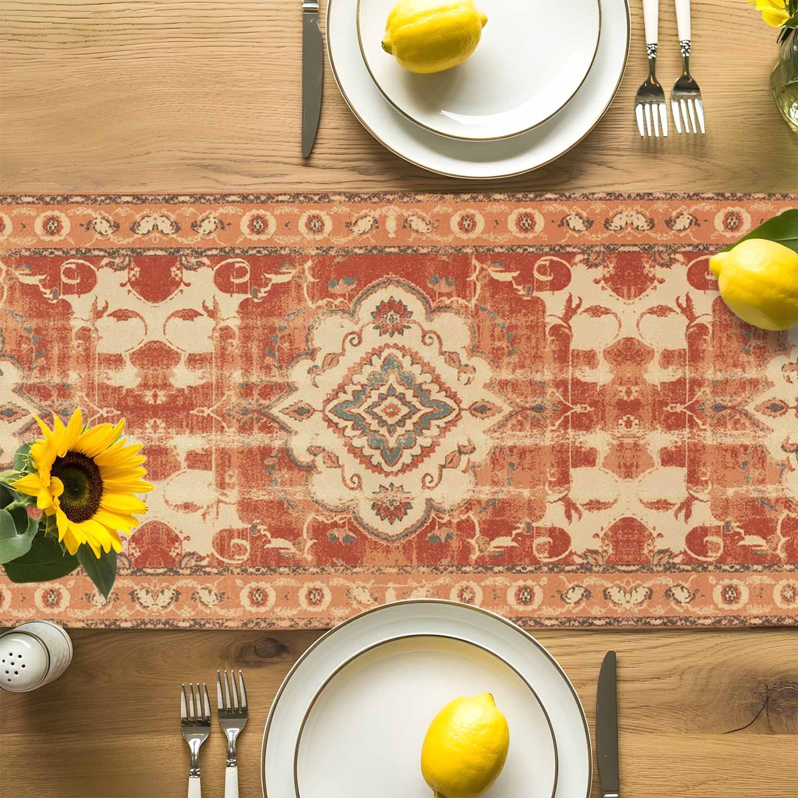 Vintage Ethnic Tribal Floral Table Runner 90 Inches Long, Traditional Oriental Orange Table Runners Tabletop Scarf Kitchen Dining Tables Decoration for Home Party Indoor Outdoor