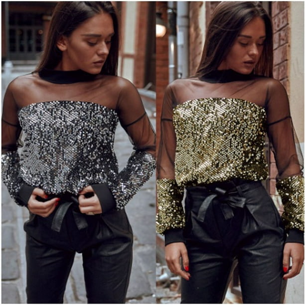 Women Fashion See-through Long Sleeve Sequin Sparkly Glitter Tops Party  T-shirt 