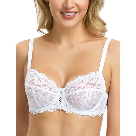 Wingslove Womens Sexy Lace Bra Underwire Non Padded Full Coverage Unlined Plus Size Bralette White 36G
