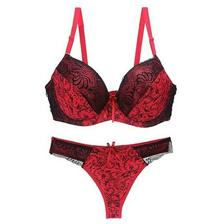 

YXGla 2Pcs Color Block Lace Push Up Underwired Bra G-String Sexy Women Underwear Set