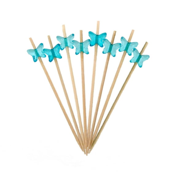 BambooMN Brand - Decorative Acrylic Butterfly End Bamboo Picks 3.9" (10cm) - 300pcs, Light Blue