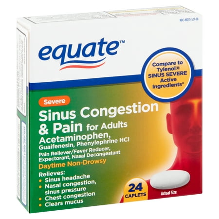 Equate Severe Sinus Congestion & Pain Acetaminophen Caplets, 325 mg, 24 (Best Medicine For Flu Congestion)