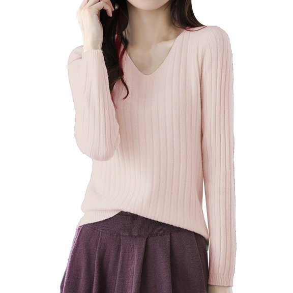 Vinsonshop Womens V Neck Sweaters Long Sleeve Ribbed Knit Pullover Tops Casual Fall Clothes Winter Warm Basic Jumpers Everyday Wear Beige L