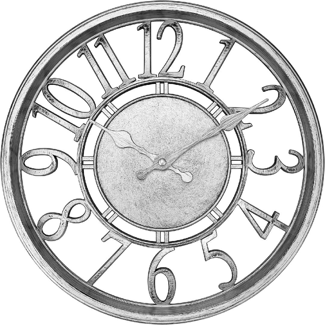 Silver Wall Clock 12 inch Round Silent NonTicking Quartz Decorative