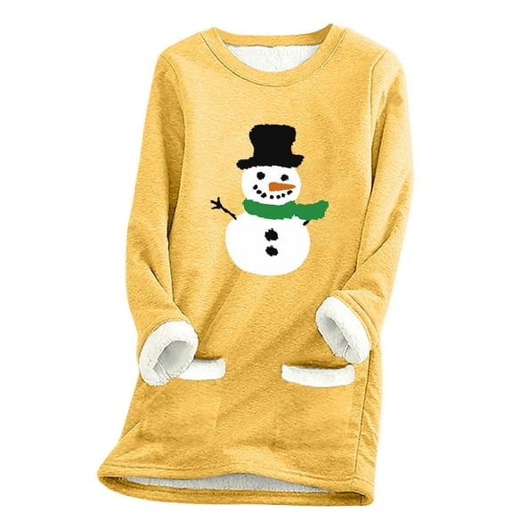 qelini Fleece Lined Sweatshirts for Women Snowman Print Crewneck Pullover Long Sleeve Tunic Tops Thermal Warm Blouses