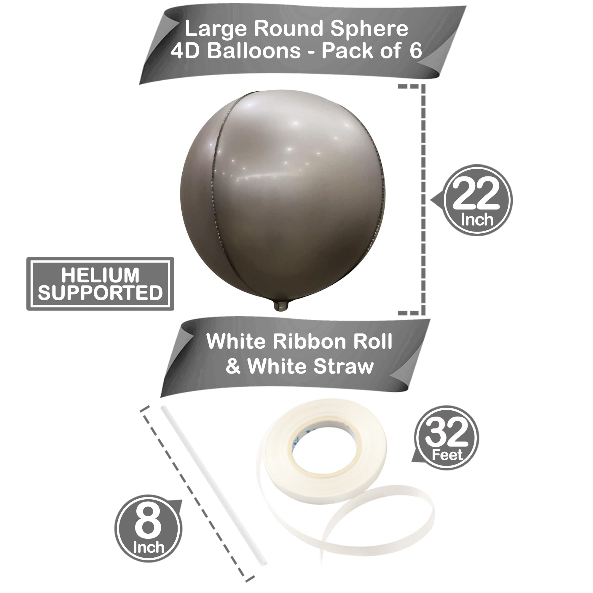 Big, 22 Inch Grey Metallic Balloons - Pack of 6 | Mylar 360 Degree 4D Round Sphere Grey Balloons for Graduation Decorations 2022 | Dark Gray Foil Balloons for Bachelorette and Grey Party Decoration