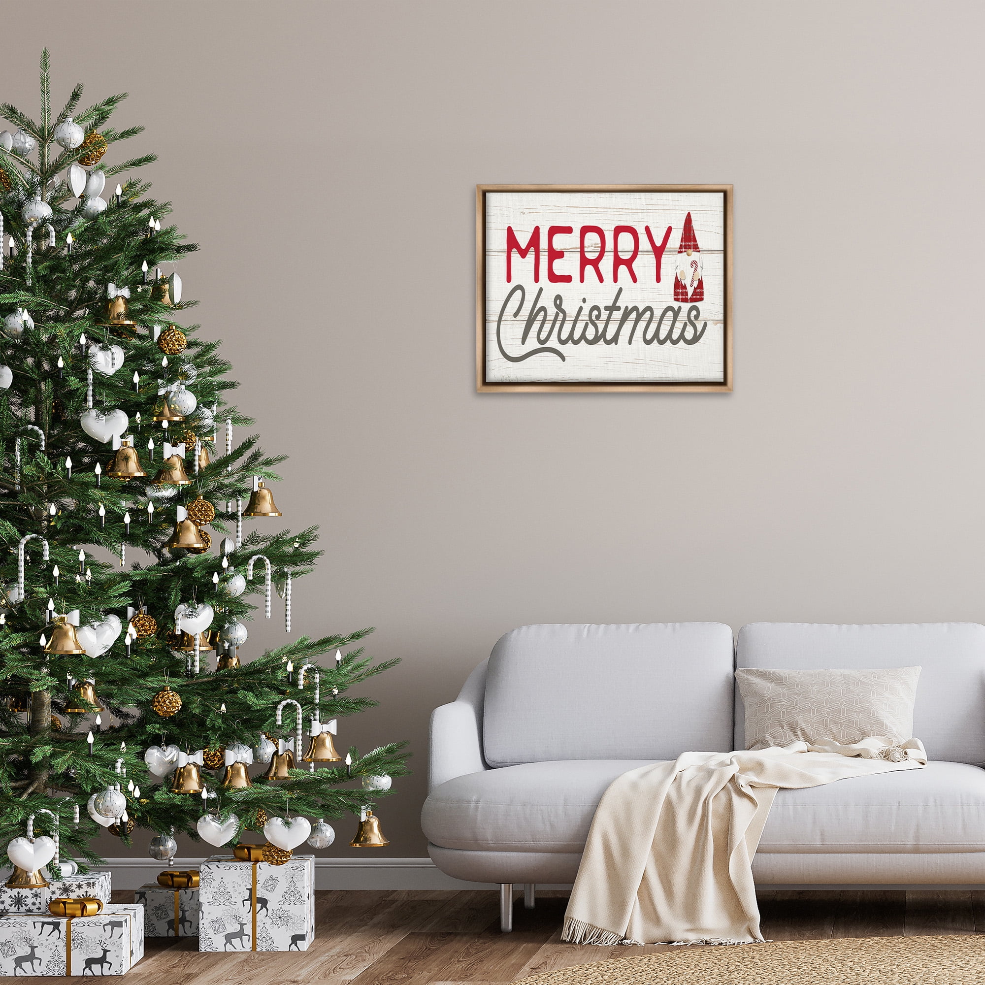 Stupell Industries Merry Christmas Sentiments Gnome Holiday Painting Brown Floater Framed Canvas Art Print Wall Art, 31 x 25