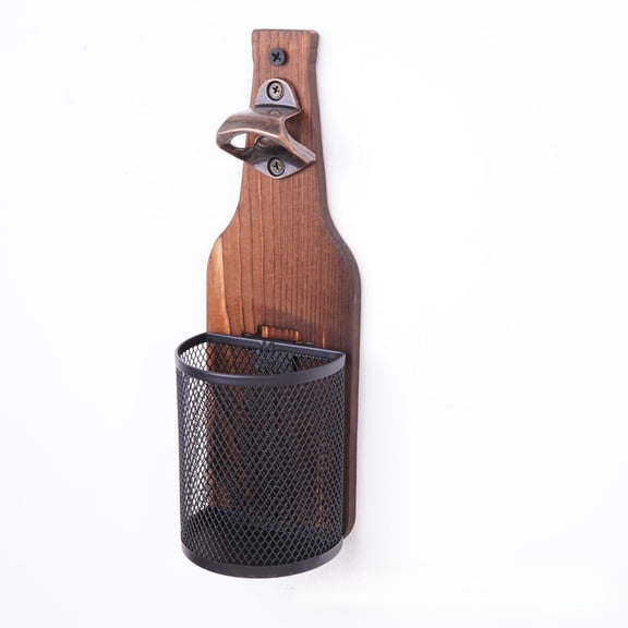 Rustic Wooden Wall Mounted Bottle Opener with Cap Catcher, Vintage Bar Decor for Kitchen, Coffee Shop, Home Bar & Cabinet, Space Saving Beverage Accessory