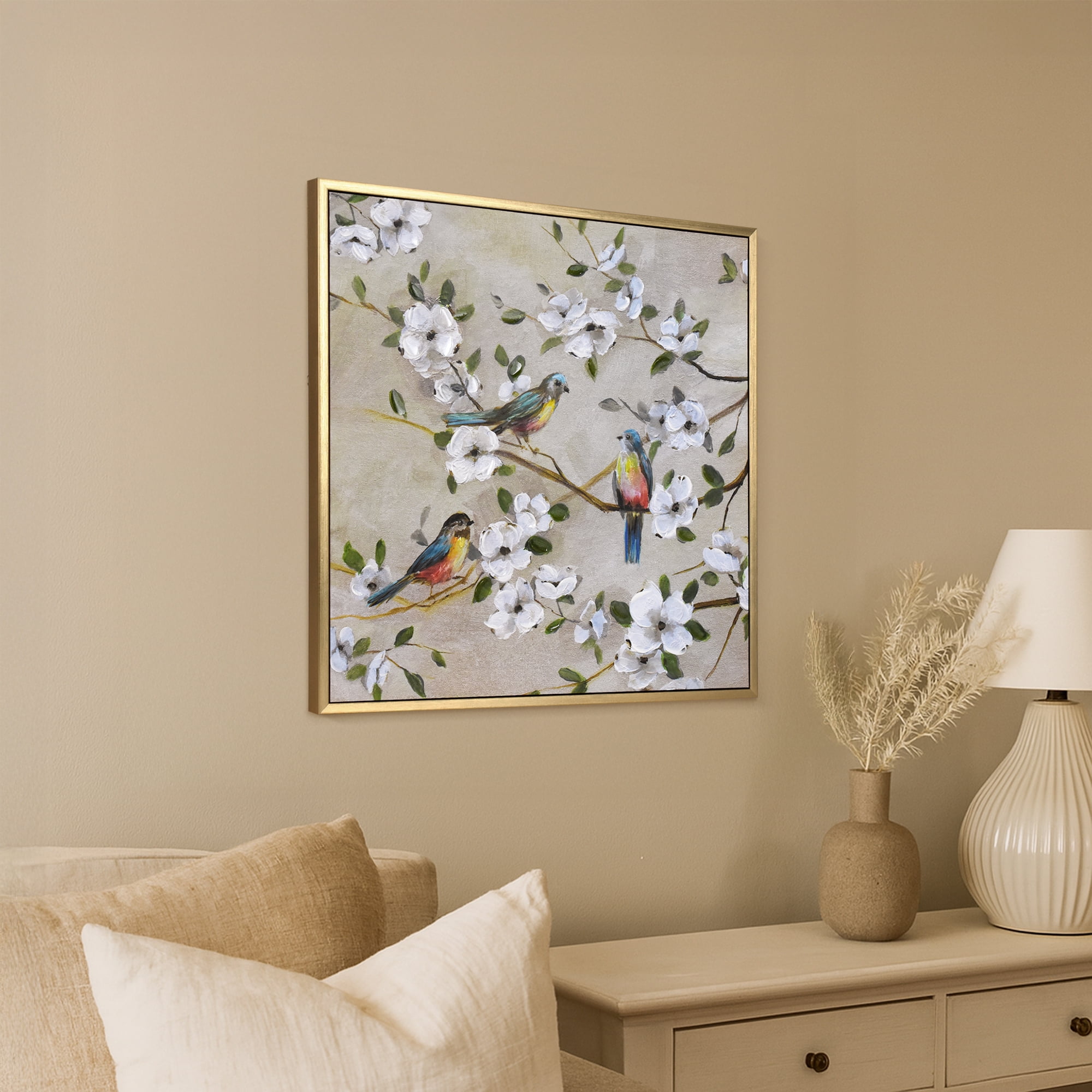 Crystal Art Gallery 23x23 Framed Picture Frame Wall Art Canvas Print, Three Birds & White Floral Branches, Gold Farmhouse Frame