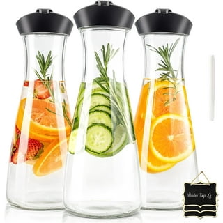 Glass Carafe with Lids and Stainless Steel Fruit Skewer for Mimosa Bar 34  oz Capacity. 4 Lids! Bedside Water Carafe, Orange Juice Container, Catering