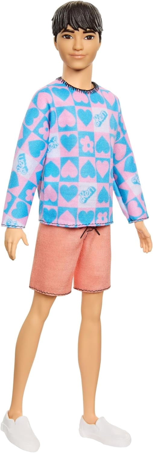 Barbie Fashionistas Ken Doll #219 with Slender Body Wearing a Removable Long-Sleeve Pink & Blue Patterned Shirt with Shorts