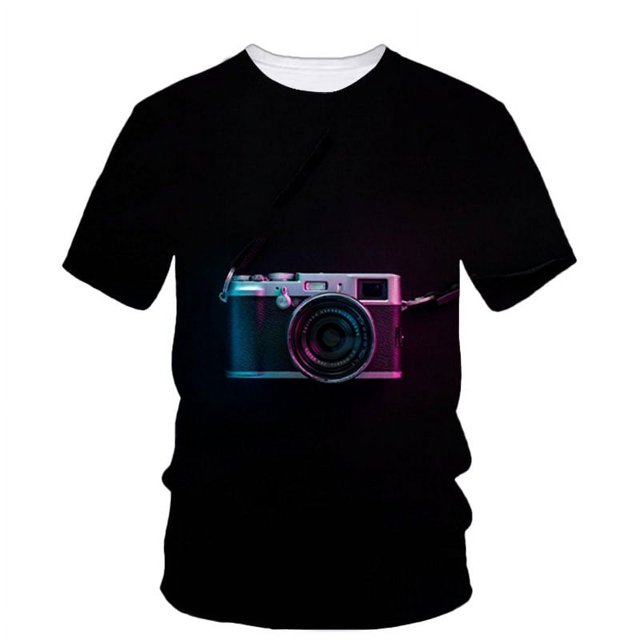 Objectif d'Appareil Photo Impression 3d T-Shirt Personnalité Homme Tendance Manches Courtes Créatif Harajuku Col Rond