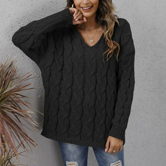 Baqcunre Sweaters For Women Women'S Thick Knit V Neck Fashion Hooded Pullover Sweater Hoodies For Women Fall Outfits For Women 2023 Black L