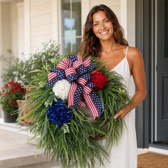 Bcylexb Spring Summer Wreaths for Front Door, 15.7" Greenery Door Wreaths Faux Fern Leaves Wreaths with Bow for Outdoor Porch Wall Decor