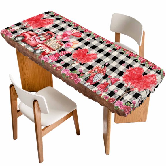 Pink Valentine's Day Table Cloths for 8 Foot Rectangle Tables, Love Heart Roses Gnomes Truck Plaid Patio Waterproof Elastic Fitted Tablecloths, Washable Rectangular Table Cover for Camping