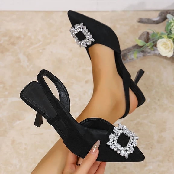SCHUHLAND Women's Elegant Crystal Buckle High Heels, Sexy Pointed Toe Slingback Sandals, Summer Party Wedding Stiletto Pumps, Plus Size 35-43