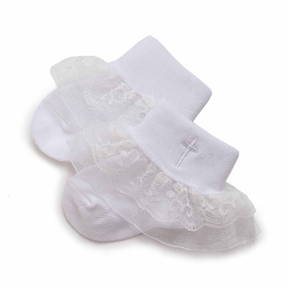 Gyujnb White Lace Ruffle Gold Cross Baptism Baby Crew Socks Soft Non- Grip for Baby Toddlers