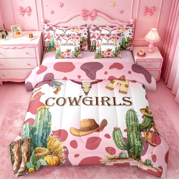 jejeloiu Cowgirl Watercolor Desert 7-Piece Twin Bedding Sets Kids,Pink Cow Print Bedding Comforter Set,Reversible