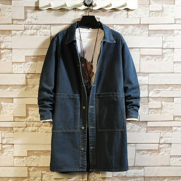 Mens Winter and Autumn Loose Casual Denim Trench Coat Long Coat