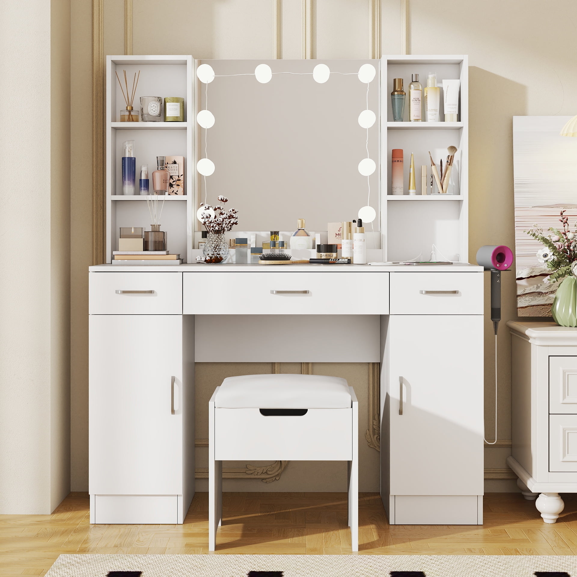 VEANERWOOD Large Makeup Vanity with Lights, Bedroom Vanity Table with Charging Station, Modern Dressing Table, 45.2in, White