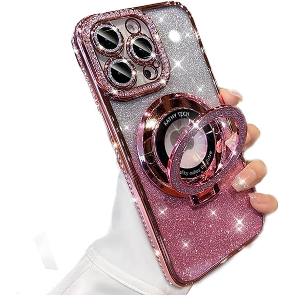 for iPhone 16 Pro Max Magnetic Kickstand Case, [Compatible with Magsafe] Shockproof Glitter Ring Holder Camera Lens Protector Bling Girly Cute Phone Cover for iPhone 16 Pro Max 6.9" (Pink)