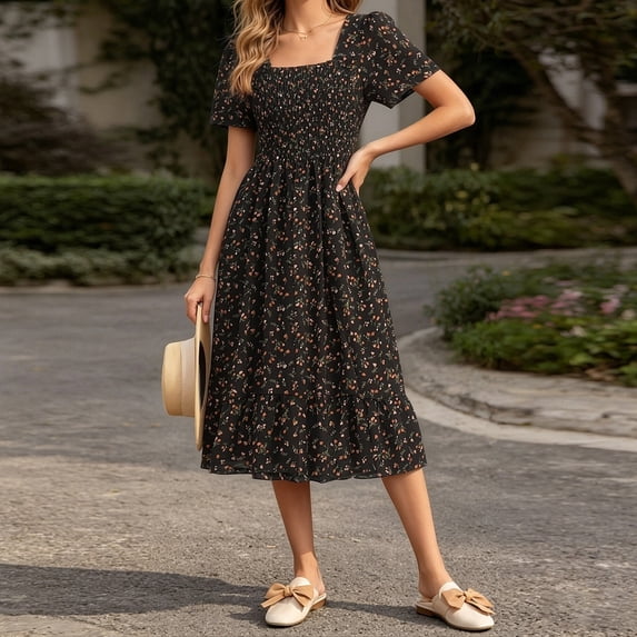 Levmjia Women's Floral Print Dress Summer Short Sleeve Square Neck Casual Tiered Ruffle Midi Dress with Smocked Waist A Line Swing Dress for Women Vacation