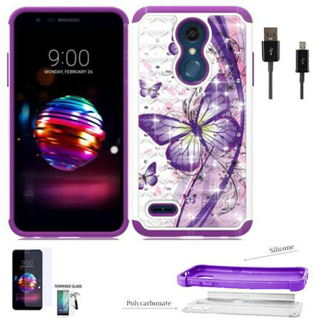 Phone Case for LG Premier Pro L413DL, LG Xpression Plus Case, LG Phoenix Plus Case, LG Harmony 2, K30 Screen Protector +USB +Crystal-Dual-Layered Cover (Crystal butterfly-Purple /USB/ Tempered