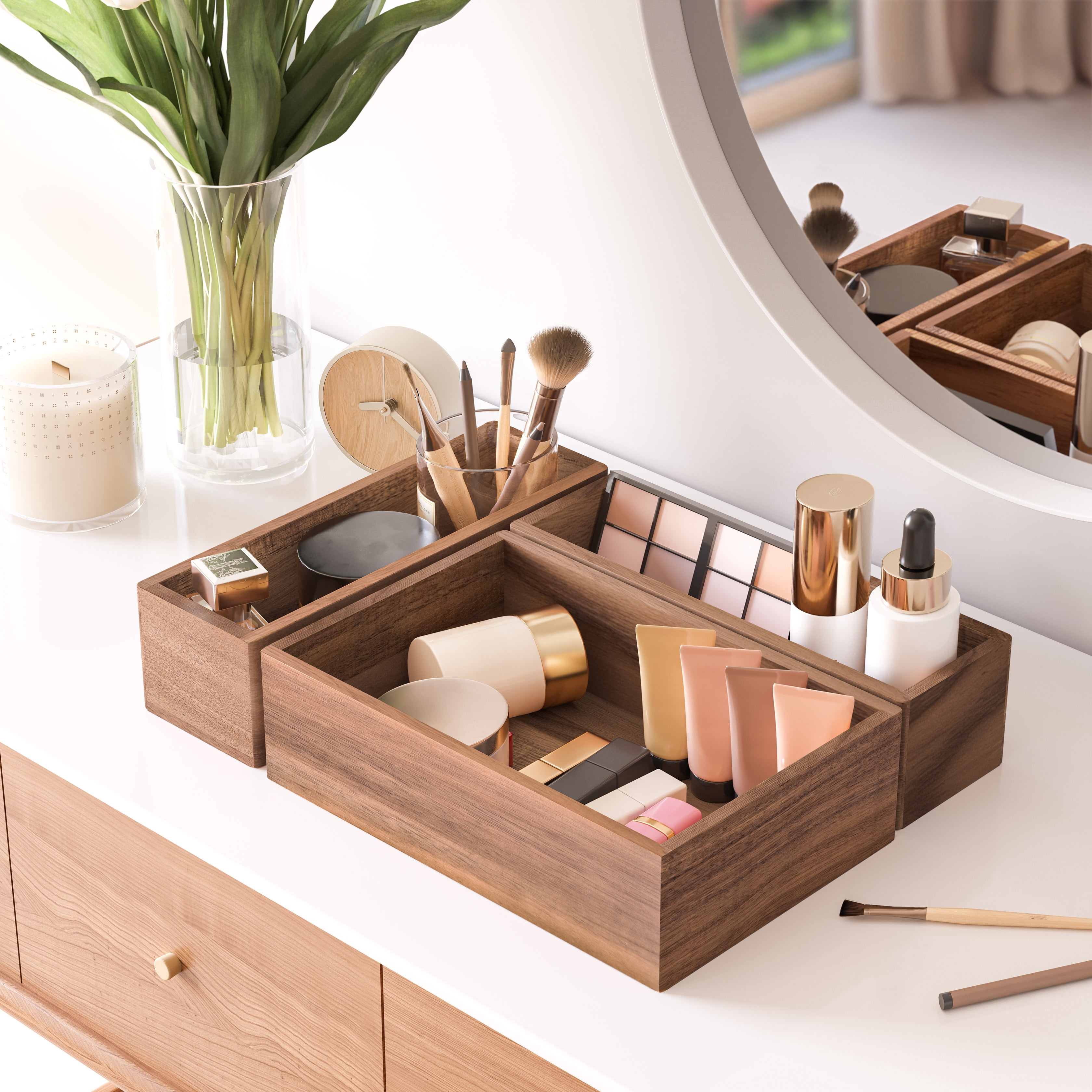Seville Classics Acaicia Wood Premium Organizer Storage Bins for Kitchen Silverware, Pantry, Closet, Office Desk, Pens, Utensils, Makeup, K Cup, Acacia Wood, Bin Set (9 Piece)
