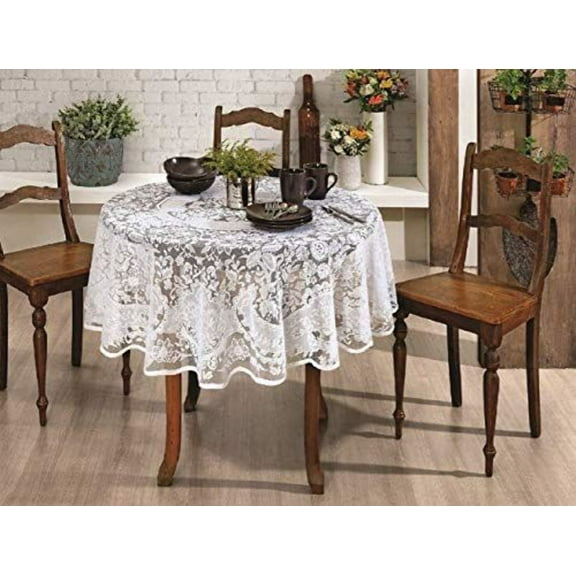 AdonisUSA 60 inch Round Lace Tablecloth with Floral Design. Color - White