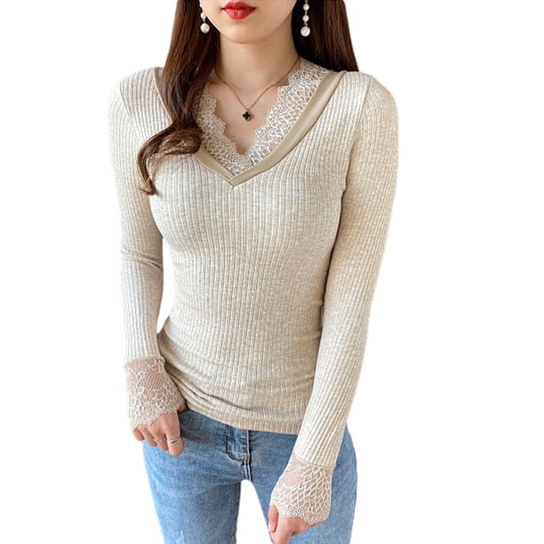 Qarigey Ropa interior cálida para mujer, ropa de otoño, Tops, camiseta gruesa de lana, lencería de fondo, camiseta interior de manga larga Camisetas sin mangas Albaricoque