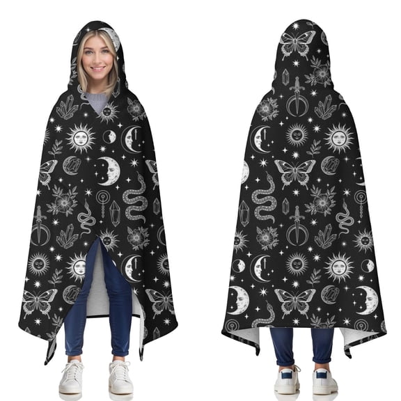Wearable Blanket,Black White Sun Moon Snake Butterfly Pattern Hooded Wearable Sherpa Blanket for Adults & Teens,Winter Poncho Shawl Wrap Cape Thick Warm,50"x60"