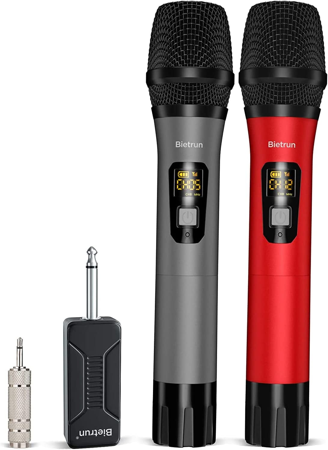 Wireless Microphone, HISH UHF Metal Dual Handheld Cordless Dynamic Mic  System with Rechargeable Receiver, 1/4''Output, for Karaoke, Church,  Speech, Wedding, Party Singing(160 ft Range)-Auto Connect 