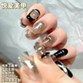 thumbnail image 3 of Ultra-thin pure hand-made wearable nail art full stickers seamless black winding magic mirror powder French whitening style press on nails, 3 of 8