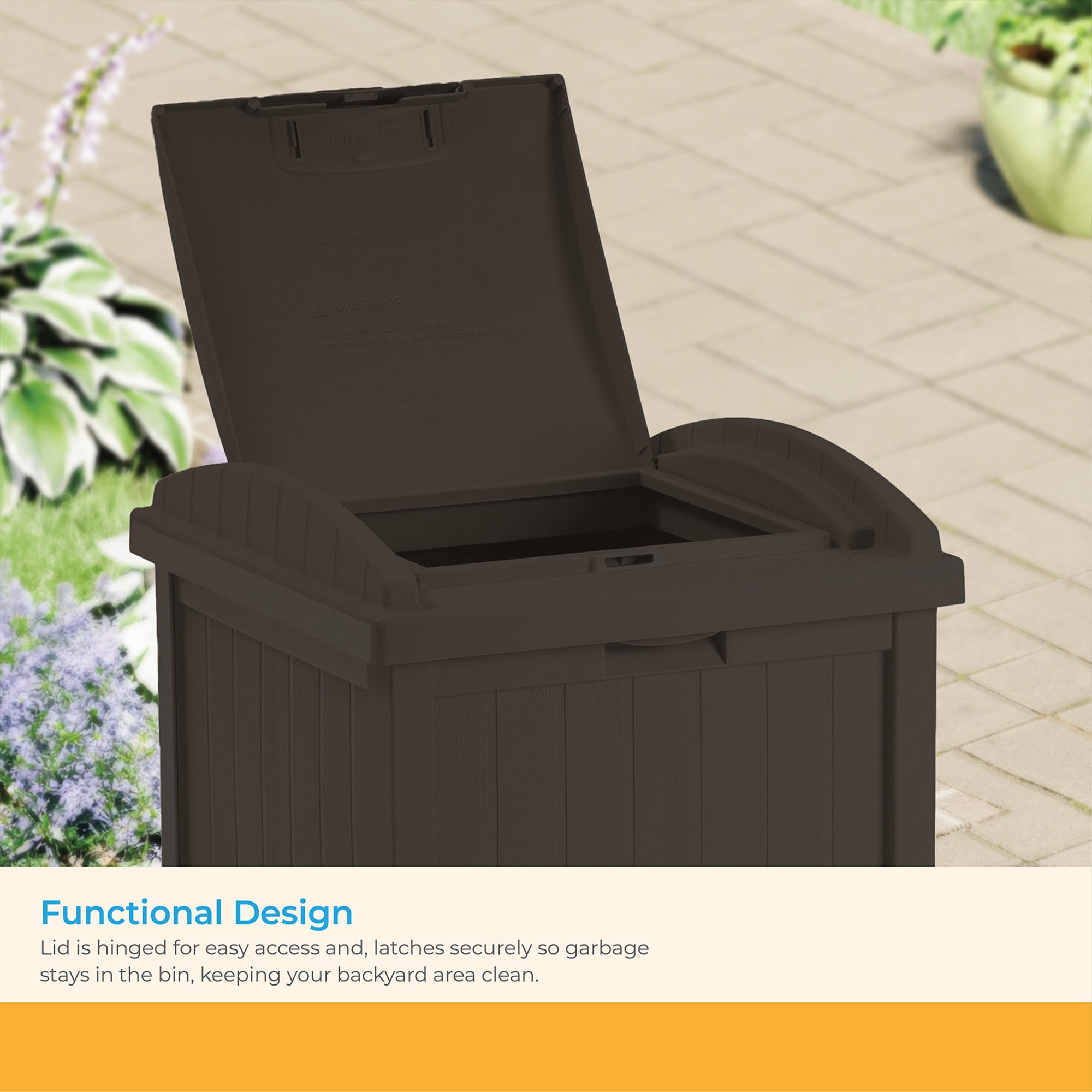 Suncast Resin Hideaway Outdoor Trash Can with Latching Lid, Java