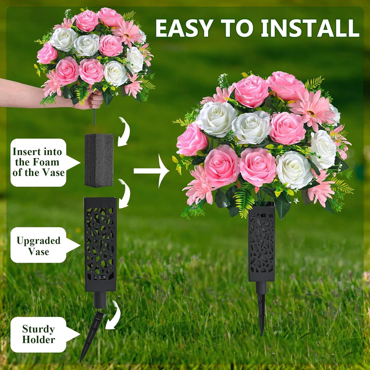 Lyacmy Set of 2 Artificial Cemetery Flowers with Vase, Memorial Day Flowers for Cemetery Outdoor Grave Headstones Decorations, White Pink