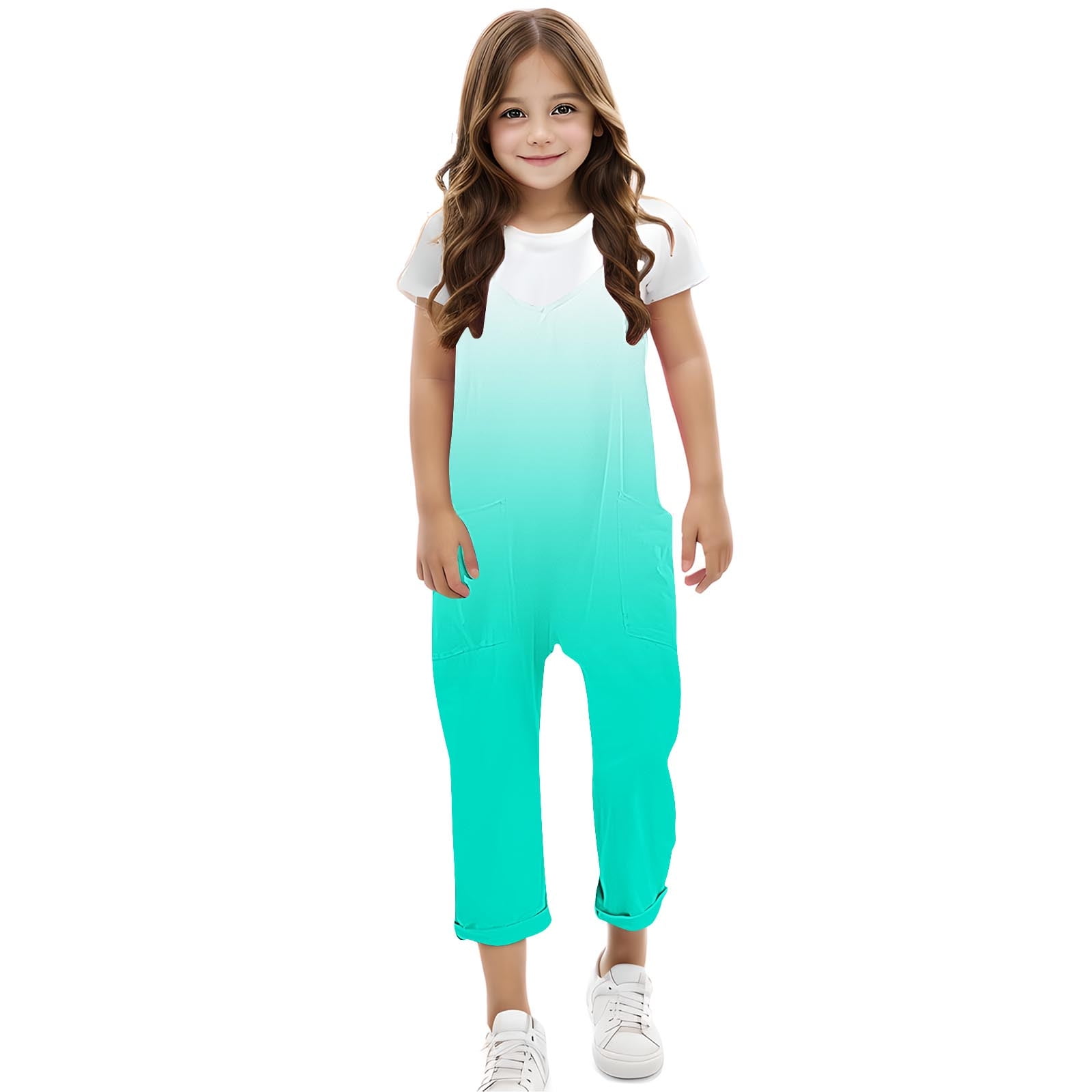 YABCSAZ Girl's Jumpsuit Sleeveless Spaghetti Strap Romper Kids Clothes Infants Baby Outfits Casual Loose Summer Jumpsuit Baggy Wide Leg Romper with Pockets Size 7 Years