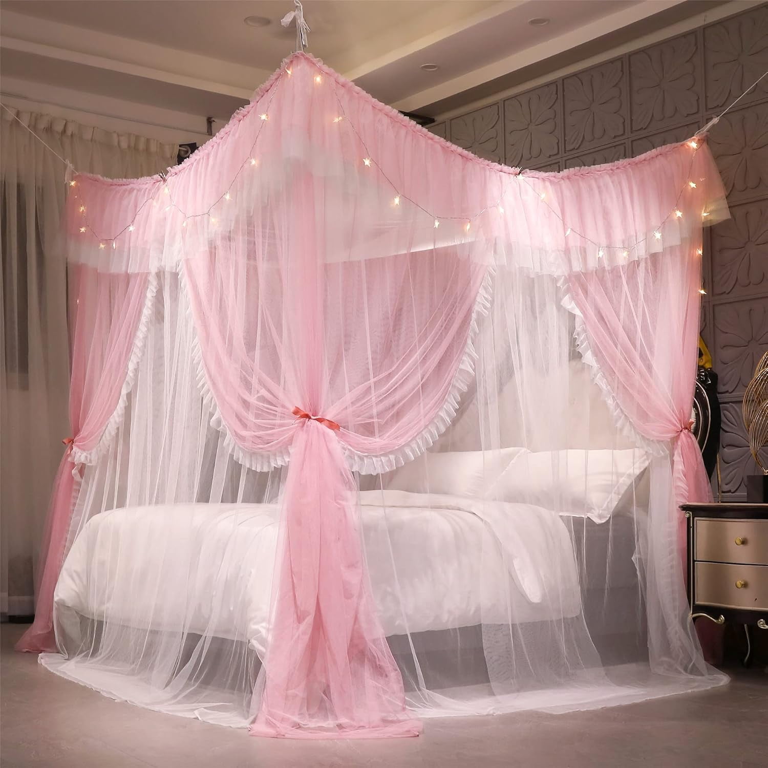 4 Corners Post Ruffle Princess Bed Canopy Curtain-Double Layer Cozy Drape Netting 4 Opening Mosquito Net for Girls Adults Bedroom Decoration (Pink/Whtie,78" W*86" L*82"*H/King)