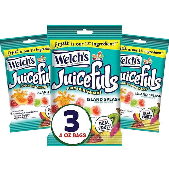 Welch's Juicefuls Juicy Fruit Snacks, Island Splash, Fruit Gushers, Gluten Free, 4 Oz Sharing Size Bags (Pack of 3)