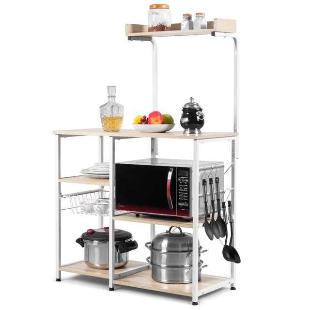 Costway 4-Tier Vintage Kitchen Baker's Rack Utility Microwave Stand w/ Basket & 5 Hooks
