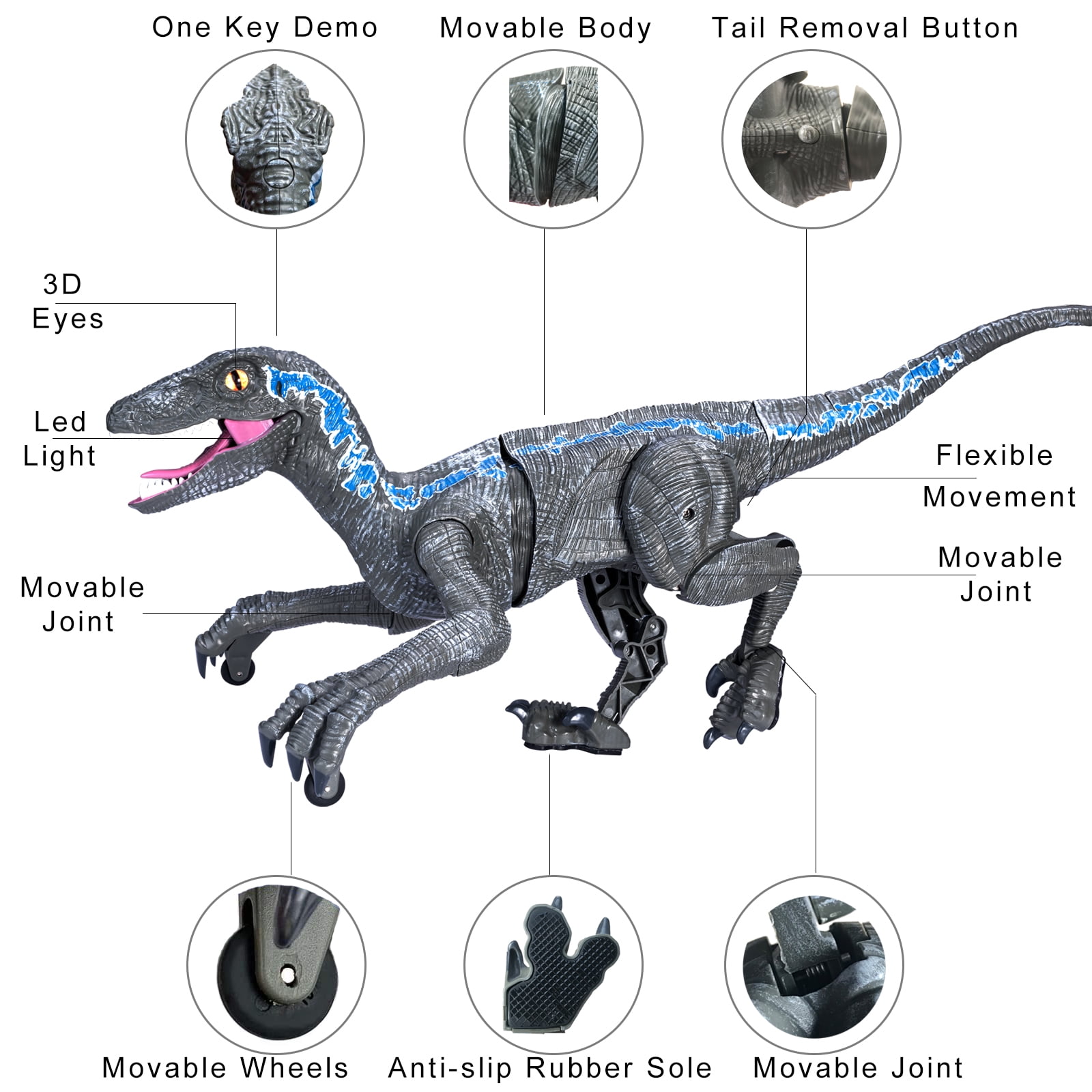 UFULMN Remote Control Dinosaur Toys for Boys Kids Girls Electronic RC Robot Toy Walking Roaring Velociraptor Jurassic Dino Rechargeable Raptor Blue