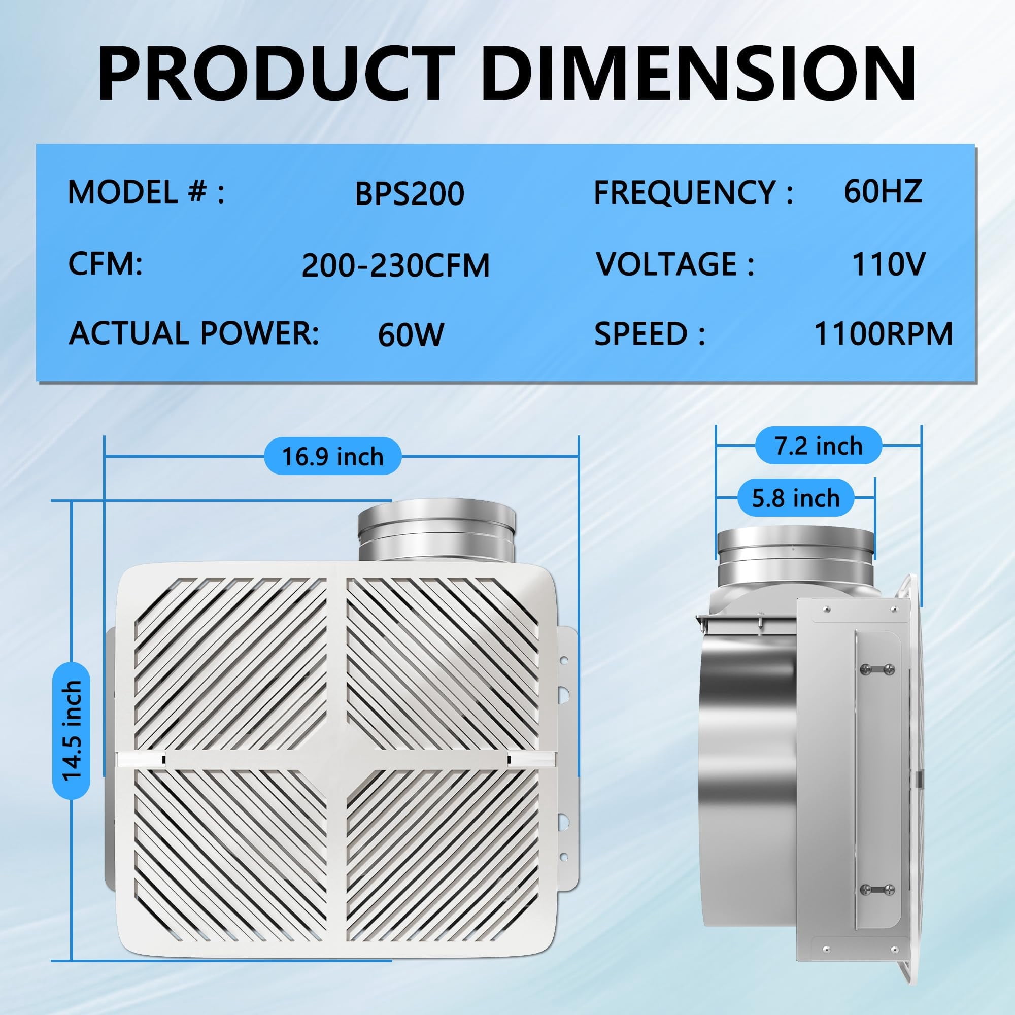 HAN'KITCHEN'LON'S Bathroom Ceiling Mount Ventilation Fan 200-230 CFM 1.5 Sones 6 Inches Duct Energy-Saving Ventilation and Exhaust Fan