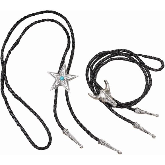 2PCS 2 Styles Vintage Bolo Tie Western Cowboy Black PU Leather Adjustable Necktie Necklace Silver Cowhead Star Pendant Bola Ties Retro Rodeo Jewelry Costume Accessories for Men Women