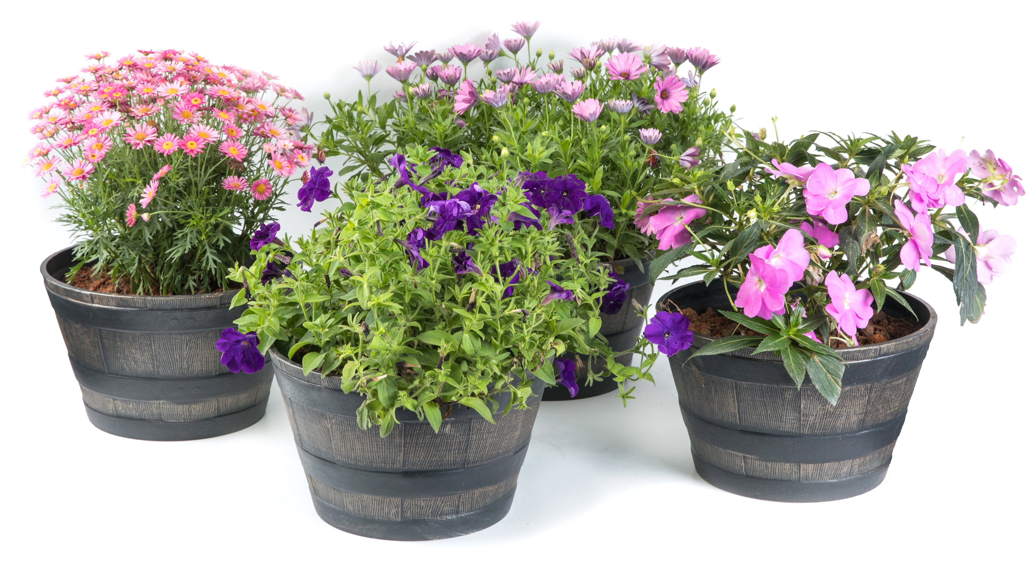 Gardenised 4-Piece Round Half Barrel Flower Pots Rustic Farmhouse Style Faux Wood Planter Containers for Indoor & Outdoor Use Perfect for Displaying Decorative Garden Florals Herbs & Succulents