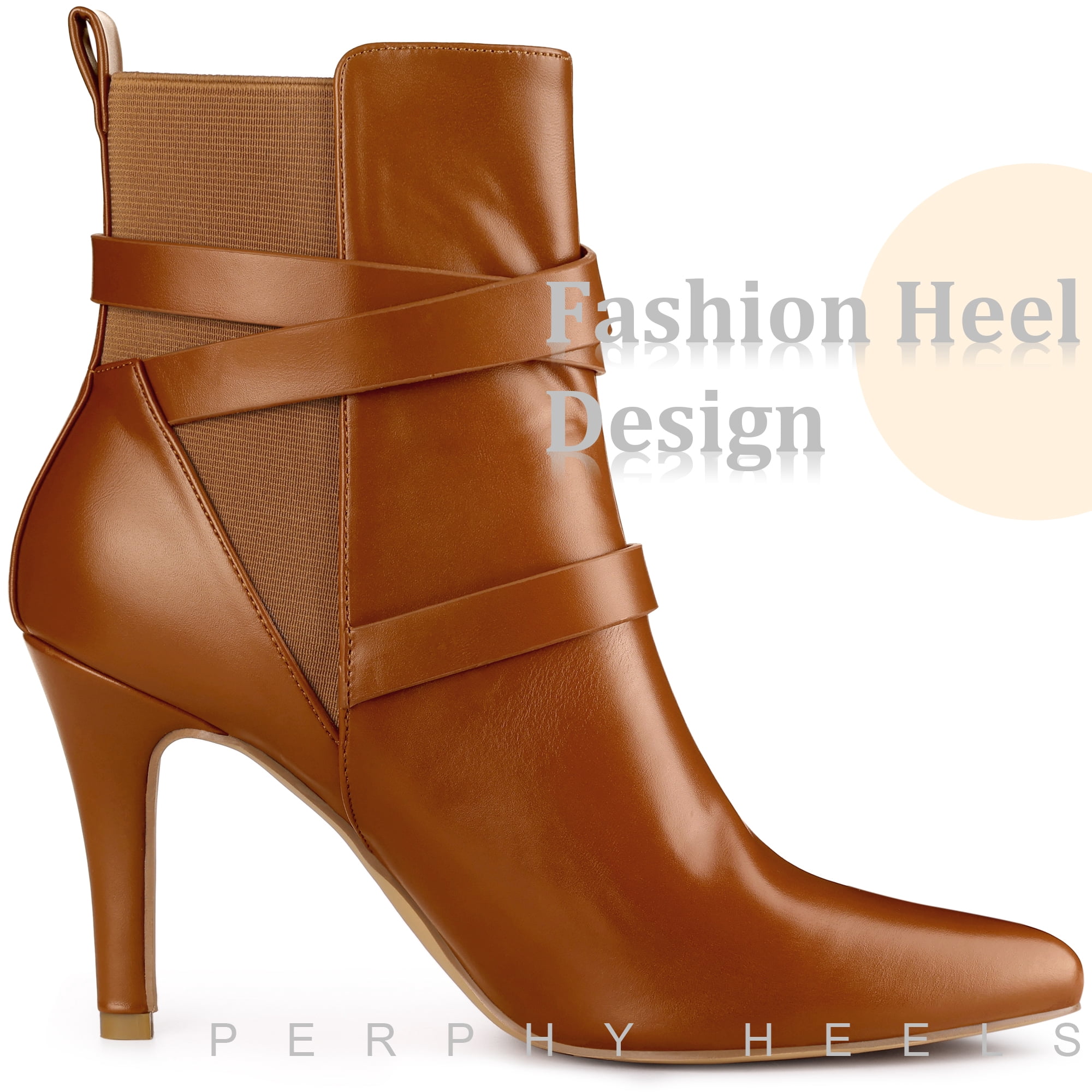 Unique Bargains Pointy Toe Elastic Cross Straps Stiletto Heel Ankle Boot for Women Brown 9