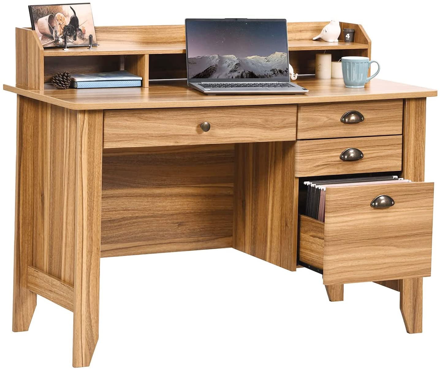 Catrimown 47.5 in Computer Desk with 4 Drawers, Wood Executive Desk Home Office Desk with Hutch, Vintage Study Table Writing Desk with Shelf for Small Spaces, Rustic Brown - 2