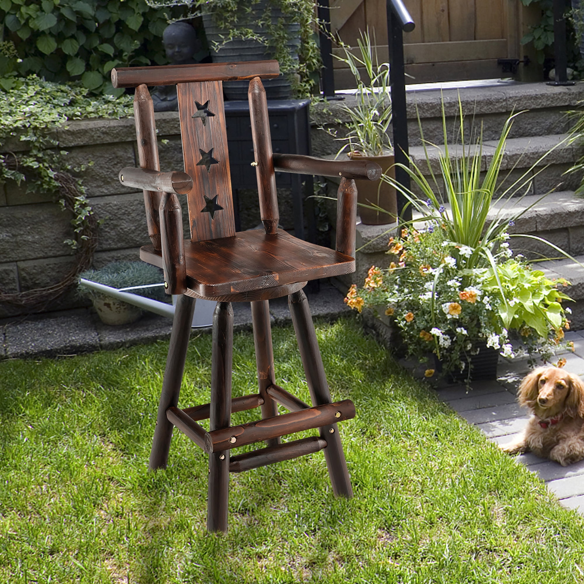 Costway Set of 2 Wooden Bar Stools Swivel Bar Height Kitchen Patio Chairs with Armrest