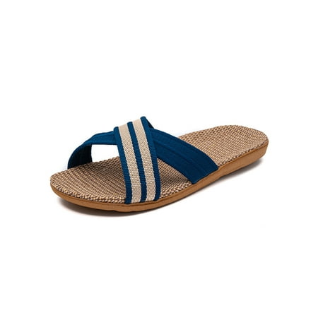 

Crocowalk Unisex Slides Linen Flat Sandals Summer Slide Sandal Women Men Shoes Indoor Outdoor Lightweight Beach Blue D 6-7
