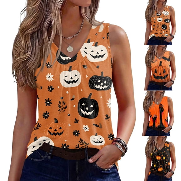 IMENGL Women's Slim-Fit Camisole Casual Halloween V Neck Vest Shirts | Pumpkin Graphic Shirt Halloween Print Layering Halloween Outfit Sleeveless Soft Tank Top for Womens,M-XXL