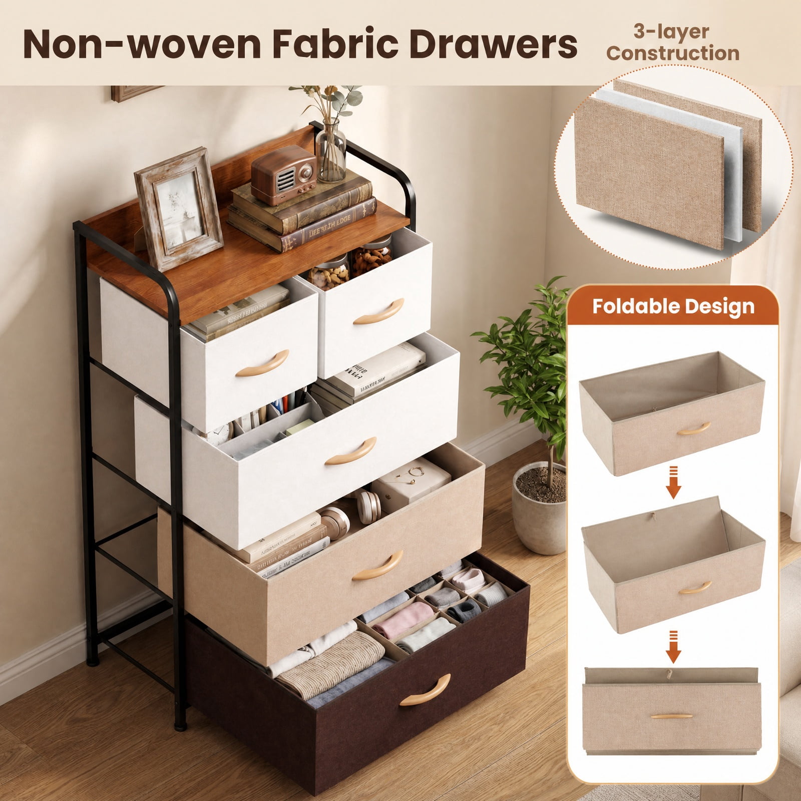 Furnibear 5 Drawer Tall Fabric Dresser Nightstand with Removable Bins and Anti Tip Kit for Bedroom Closet Entryway, Multicolor