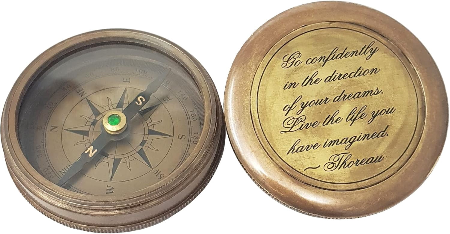 Brass Compass in Antique Finish, with HD Thoreau's Motivational Quote Go Confidently in The Direction with Case